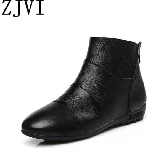 ZJVI Woman 2020 Women Wedges Low Heels Ankle Boots Genuine Leather Winter Autumn Ladies Mother Girls Causal Shoes Black Heel
