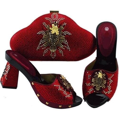 High grade wine women pumps with rhinestone style african shoes match handbag set for dress JZS-04,heel 9CM