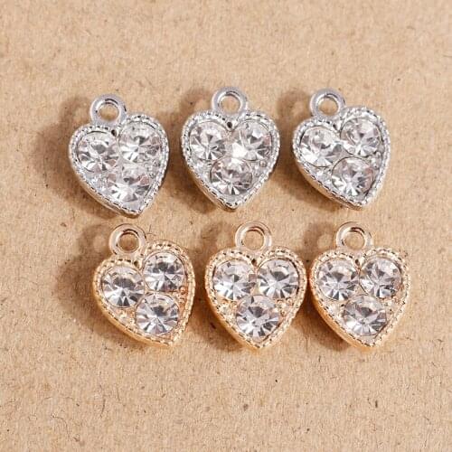 10pcs 10*13mm Small Crystal Love Heart Charms for Jewelry Making Gold Silver Color Alloy Charms Pendants Fit Necklaces Earrings
