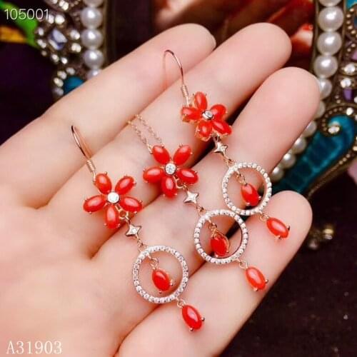 KJJEAXCMY boutique jewelry 925 sterling silver inlaid natural red coral gemstone female pendant earrings 2 sets support detectio