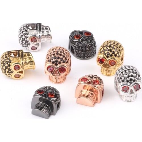 3pcs/lot 10x12mm Skull Metal Brass Micro Pave CZ Beads Diy Bracelet Charms Crystal Spacer Beads for Jewelry Making Accessories
