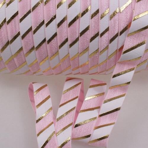 3 colors 5/8 inch Metallic Gold Big Stripe with white ink printed Fold Over Elastic 100yards roll, 1.5cm folded elastic