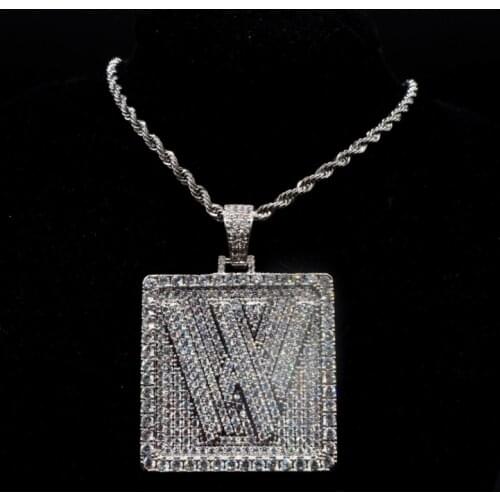 Letter W Square dog tag pendant hip-hop european-american micro-inlaid hipster personality necklace men jewelry