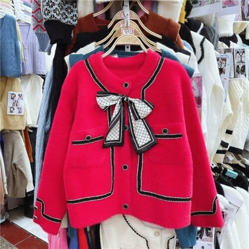 Korean Mink bow Elegant loose soft cardigan sweater womens autumn color matching long-sleeved sweater vintage cardigan