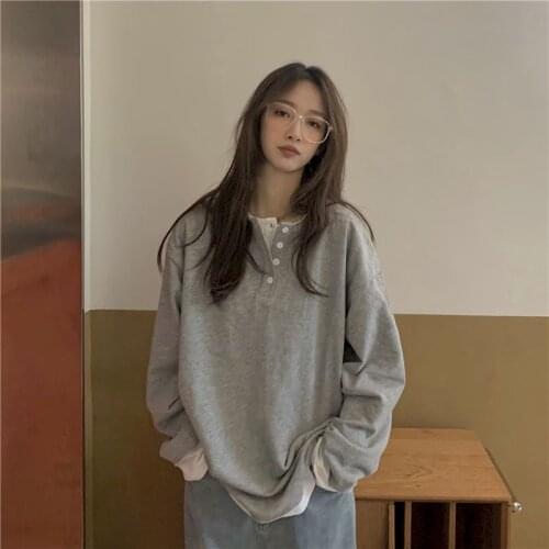 2021 Cotton Autumn And Winter Korean Fake Two-piece Long-sleeved T-shirt Loose Pullover Tops Goth Clothes Women Harajuku Vintage