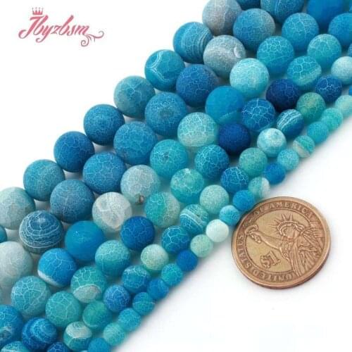 Natural Blue Agates Frost Matte Cracked Round Loose Beads 6/8/10/12mm Stone Beads For DIY Necklace Bracelets Jewelry Making 15"