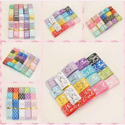 Random 10yards set mixed 5 styles 22 silver & gold foil ribbon pattern grosgrain ribbon, each 2yards Ribbon