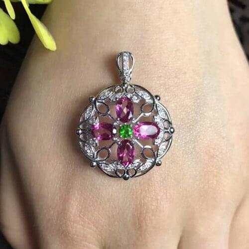 Natural red topaz Pendant natural gemstone pendant S925 silver luxurious round luck Clover girl wedding gift fine jewelery