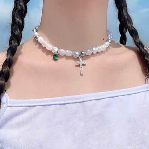 2021 New Fashion Bohemia Irregular Simmulated Pearls Crystal Cross Chokers Beaded Chain Necklaces For Women Girls Jewelry Gifts