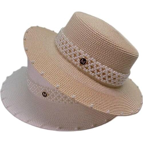 2021 The New Spring Summer Hats For Women Flower Beads Wide Brimmed Jazz Panama Hat Sun Visor Beach Hat Flower Pearl Straw Hat
