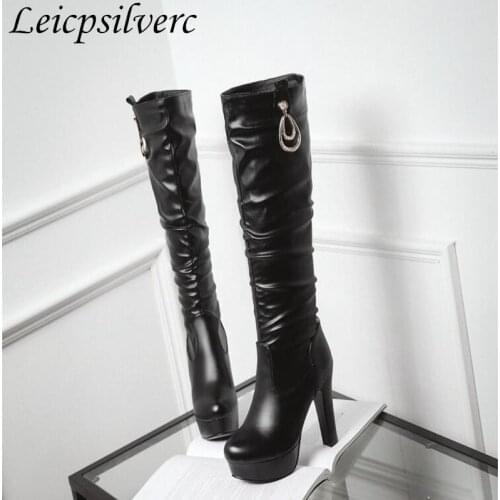 New round head high heels Knee Boots women zipper waterproof platform Rough heel Knights boots Womens Boots plus size 35-43