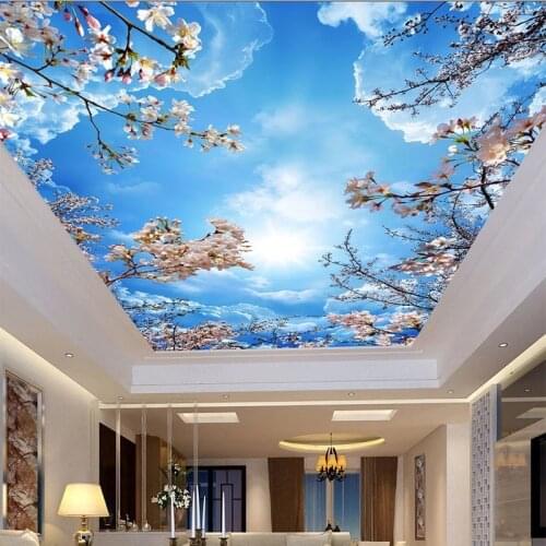 Custom Ceiling 3D Wall Cloth Classic Blue Sky White Clouds Cherry Blossoms Wallpaper Living Room Hotel Backdrop Mural Waterproof