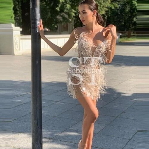 Sexy Feathers Cocktail Dresses Strapless Sheer See Through Women Short Prom Gowns Zipper Back Flower Lace Custom Made Sheath