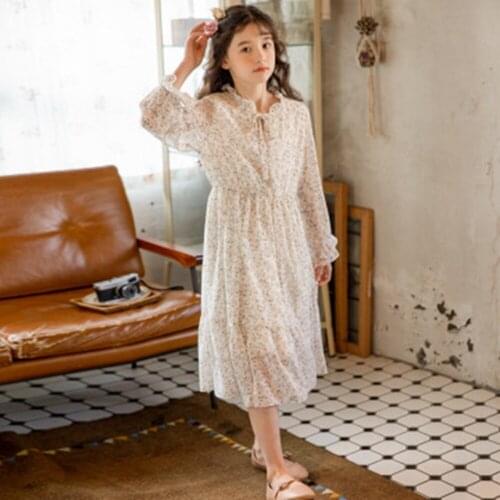 6-15 Years Teenage Kids Chiffon Long Sleeve Dress For Girls Lace Collar Print Floral Princess Dress 2021 Summer Spring Vestidos