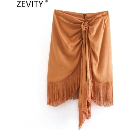 Zevity Women Fashion Solid Knotted Hem Tassel Casual Slim Skirt Faldas Mujer Office Ladies Back Zipper Chic Mini Vestido QUN697