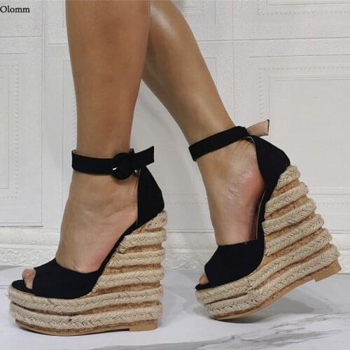 Olomm Handmade Women Platform Sandals Hemp Sexy Wedges Heels Open Toe Elegant Black Casual Shoes Women US Plus Size 5-20