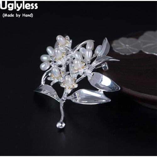 Uglyless 100% Real Solid 925 Sterling Silver Leaves Brooches for Women Natural MINI Pearls Flowers Pins Brooch Fine Jewelry