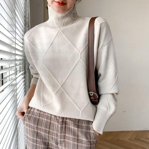 Autumn and winter new cashmere pullover womens turtleneck sweater simple pure color loose knitted wool bottoming shirt