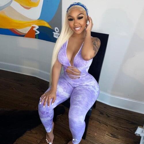 Women Tie Dye Print Lace Up V-neck Bodycon Skinny Sexy Night club Party Jumpsuit Sleeveless One Piece Romper Playsuit S-XLL