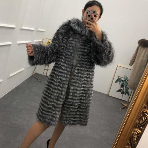 Winter real silver fox fur coat women long natural fur jacket female knitted genuine fur overcoat ladies plus size