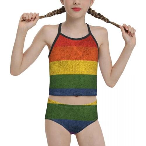 2021 country Swimwear for junior high school Girls Print Old And Worn Distressed Vintage Rainbow Bikini for Children Girl