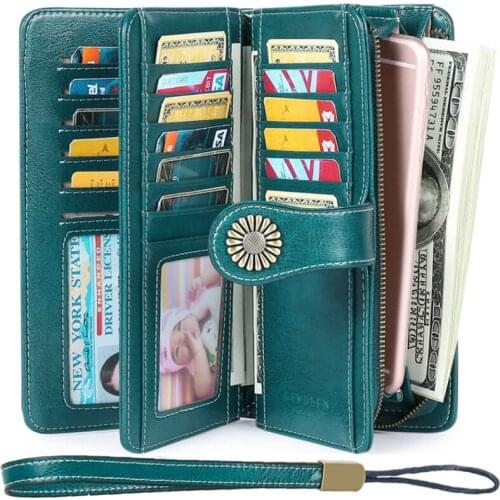 OLN Fashion Women Large Capacity Walelts Long Zipper Button Clutch Strap Purse Casual Split Leather Female Wallet