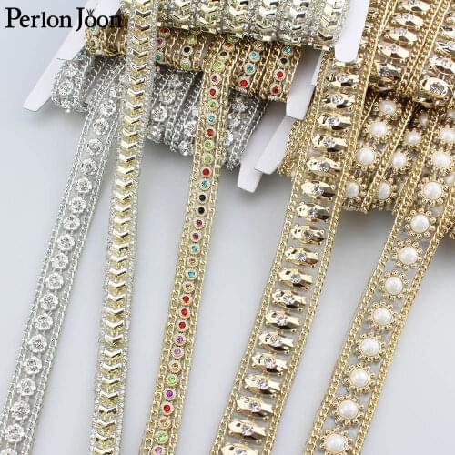 1 yard 1.5cm-2.7cm golden resin base with rhinestone trim decorative Accessories Back glue hot fix on ironing shoe bag TR040