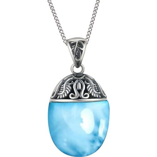Ocean Blue Larimar Jewelry Solid 925 Sterling Silver Natural Larimar Gemstones Pendant Necklace For Women Gift