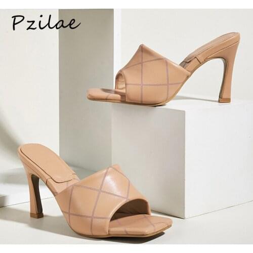 Pzilae Women High Heels Sandals Ladies Slippers Square Toe Thin Heel Fashion Female Slides Summer Shoes Mules Nude Big Size 41
