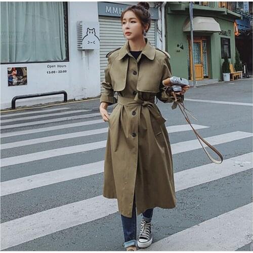 Retro Temperament Trench Coat Female Lapel Long Waist Tie Khaki Coat Ladies 2021 Spring And Autumn New Womens Windbreaker