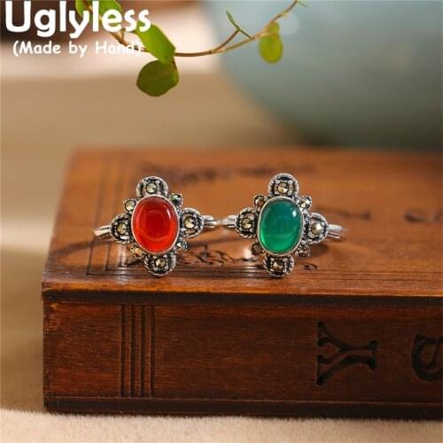 Uglyless Semi-precious Chalcedony Rings for Women Thai Silver Marcasite Flower Rings Real 925 Sterling Silver Vintage Jewelry