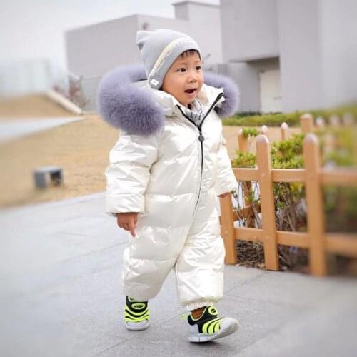 Thick Kids Down Jumpsuit Toddler Boys Girls Winter Waterproof Snowsuit Jacke Outwear Coat Real Fur Hodded Warm Jumpsuit