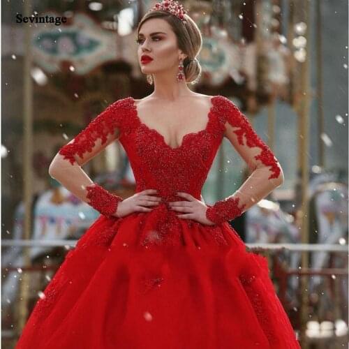 Sevintage Red A-Line Appliques Lace Evening Dress Long Sleeve Prom Dresses Sexy Deep V-Neck Women Formal Party Gowns Plus Size