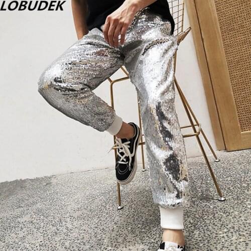 Spring Autumn Black Silver Sequins Mens Pants Sequin Casual Long Pants Tide Male Nightclub Stage Trousers HIP HIP Dance Costume