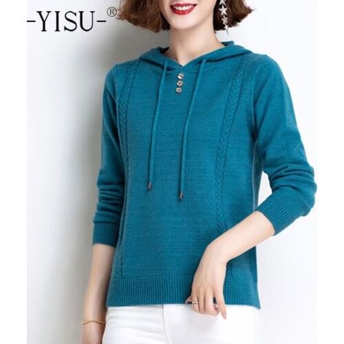 YISU 2021 Spring Women Sweater Hooded collar Solid color Knitted pullove Long sleeve Fashion Allmatch Female Casual Loose Jumper