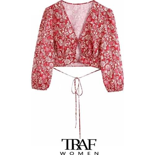 TRAF Za Women 2021 Fashion With Ties Floral Print Cropped Blouses Vintage V Neck Three Quarter Sleeve Female Shirts Chic Tops