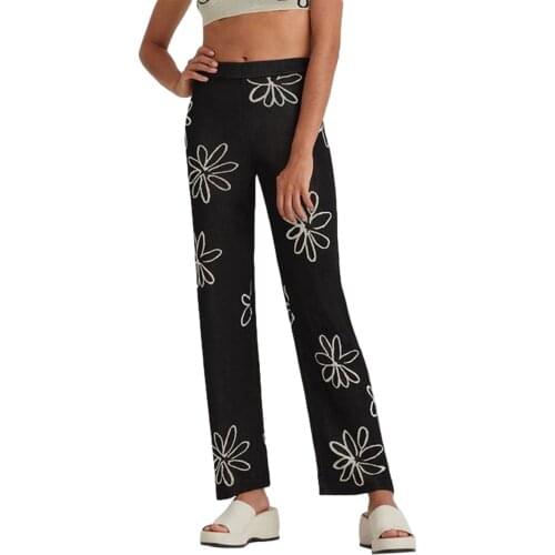 Women Spring Long Trousers Knitted Flower Elastic High-Waist Loose Straight Pants for Girls, Beige/Black For Daily Wear