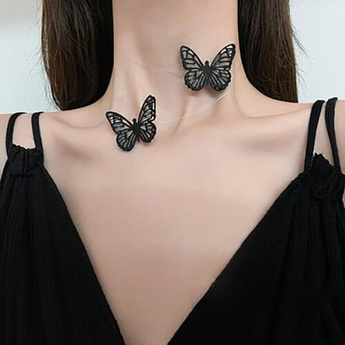 Harajuku Black Butterfly Choker Necklaces for Women Summer Beach Fashion Holiday Jewelry Elegant Unique Transparent Rope Chain
