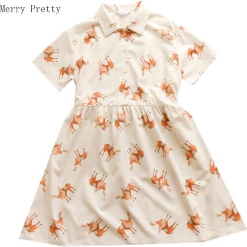 White Cartoon Print Hight Waist Straight Dresses Women 2020 Summer Elegant Short Sleeve Turndown Collar Lady Daily Dresses