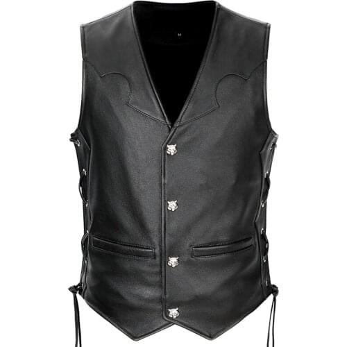 Mens Genuine First Layer Cowhide Sleeveless Leather Vest Fashion Slim-fit Motorcycle Suit Cowhide Waistcoat Vest Large Size XL
