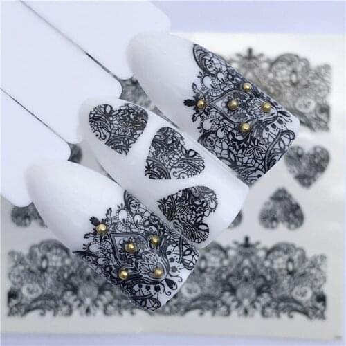 1PC nail art sticker water mark transfer nail foil ultra thin black flower lace image manicure decoration water decals FW011