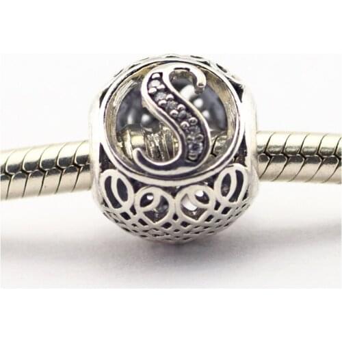 100% 925 Sterling Silver Clear CZ Alphabet Vintage S Letter Charm Beads for Jewelry Making Fits Original Bracelet