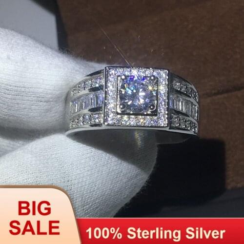 100% Real Soild Silver color Fashion Man ring Round 1ct AAAAA Cz birthstones ring Engagement Wedding Band Ring for men