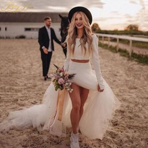 2 Pieces Ivory Wedding Dress Scoop Neck Tulle Skirt Split Bridal Gown Long Sleeves Wedding Beach A line Bridal Dress Marriage