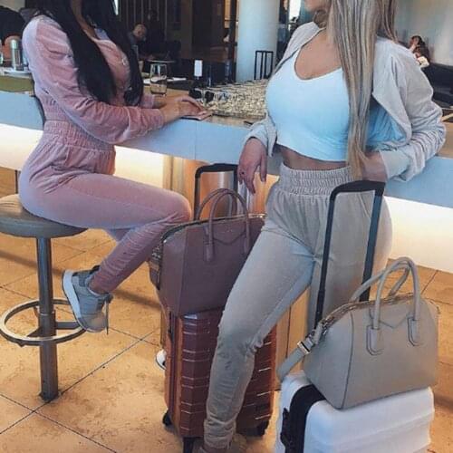 2Pcs Velvet Solid Color Sport Tracksuit Crop Top Zip Sweatshirt Long Pants Set Sexy Tracksuit Female 2020 Set Autumn Casual