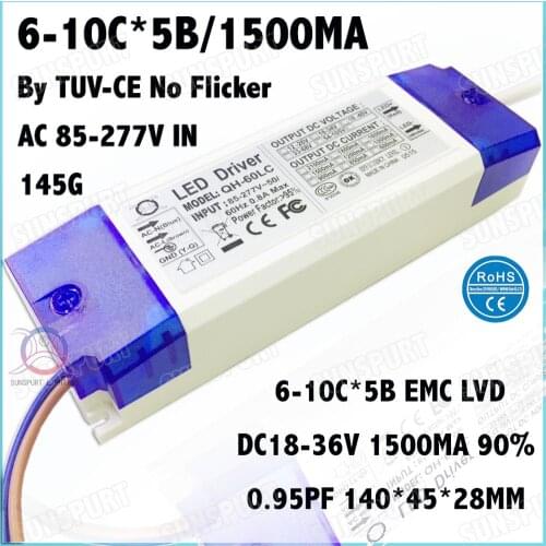2 Pcs By CE 60W AC85-277V LED Driver 6-10Cx5B 1500mA DC18-36V No Flicker Constant Current LED Power For Spotlights Free Shipping