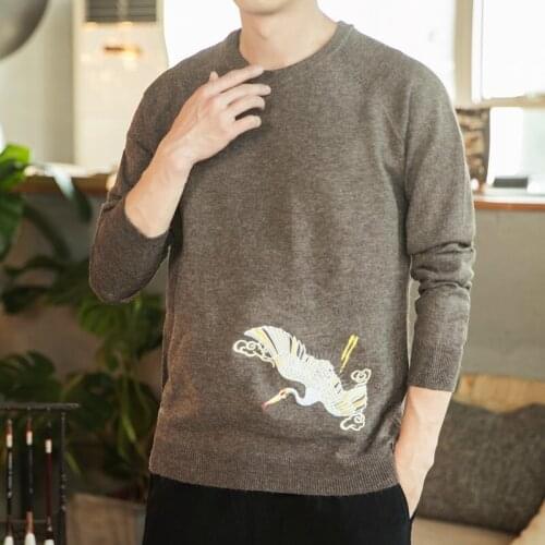 2020 Style Chinese Crane Print Fashion Men Sweater Streetwear Casual Clothes Knitted Pullovers For Autumn Winter
