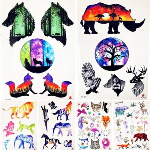 21x15CM Forest Green Wolf Hands Tamporary Tattoo Sticker Elf Rhinoceros Cartoon Fake Tattoo Kids Sky Summer Style Tatoo Body Arm