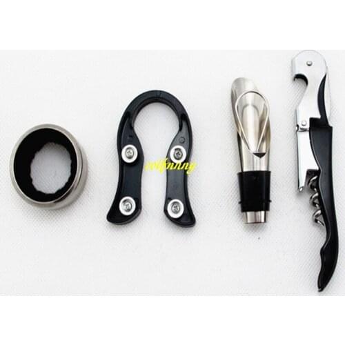 250sets/lot 4 in 1 kit hippocampus Red Wine bottle opener+ Paper cutting knife+ wine Ring +Wine pourer