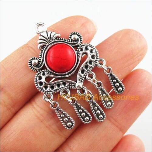 4 New Flower Charms Tibetan Silver Red Teardrop Tassels Pendants Retro 26x44mm